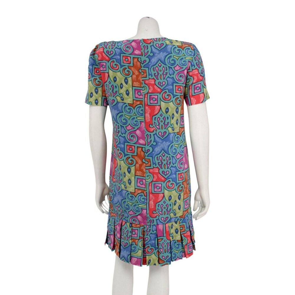 Vintage 80s Liz Claiborne Dress Size 6 Colorful Print Silk Drop Waist Pleat Hem - Picture 4 of 6